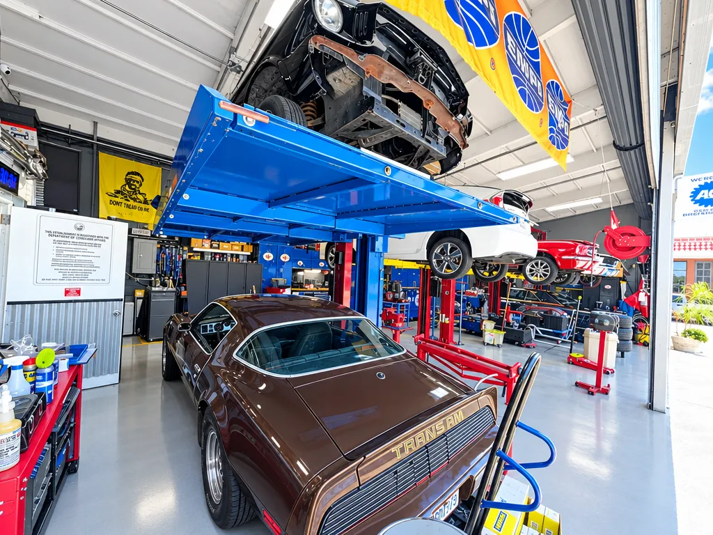Brown Pontiac Trans Am under a project car on a four-post lift at Cedillo's classic auto repair in Fullerton