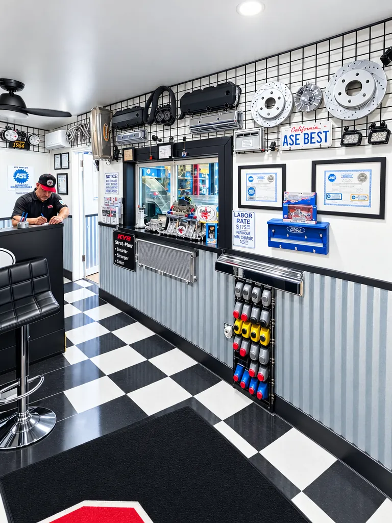 Cedillo's front office with black-and-white checkered floor, service window and parts wall in Fullerton