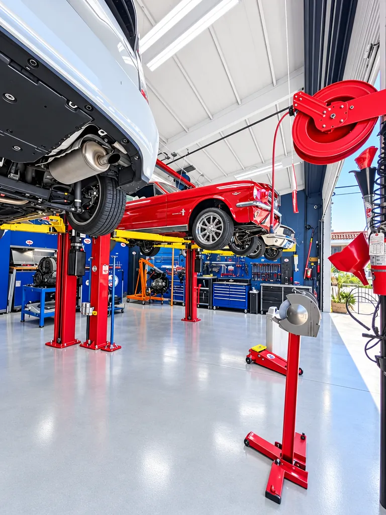 Red two-post lifts and a classic Mustang inside Cedillo's auto repair shop in Fullerton, CA