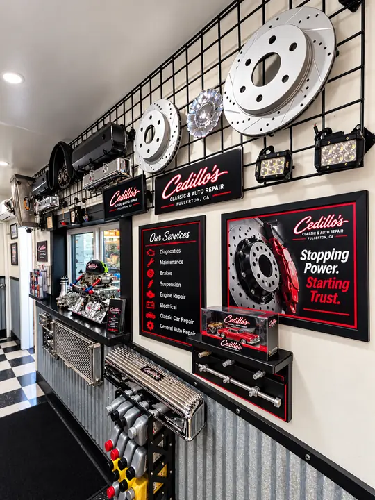 Cross-drilled brake rotors and parts display at Cedillo's auto repair in Fullerton
