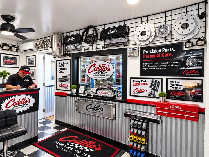 Cedillo's Classic & Auto Repair front office with brake rotors, parts and branded signs on the wall in Fullerton