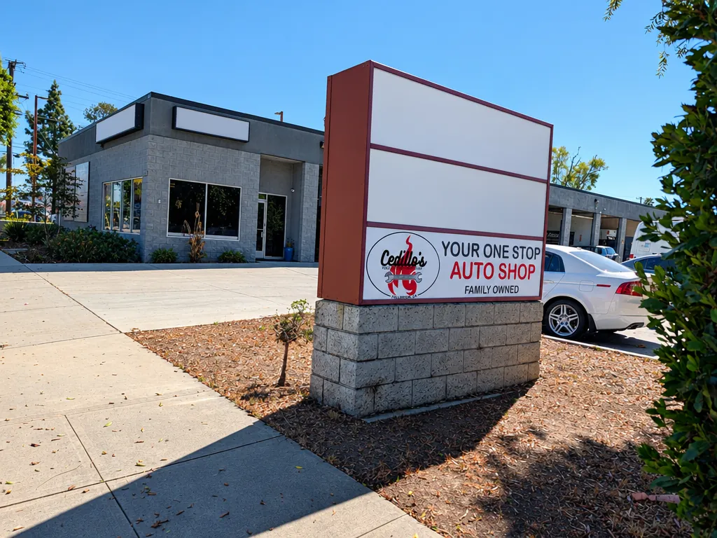 Cedillo's 'Your One Stop Auto Shop – Family Owned' pylon sign at the Commonwealth Ave driveway in Fullerton