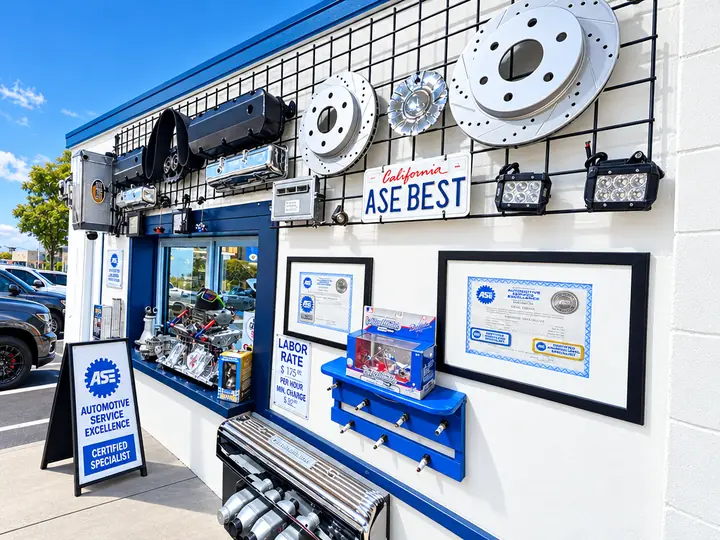 Front office of Cedillo's auto repair with brake rotors on a parts wall and an ASE sign at the entrance in Fullerton