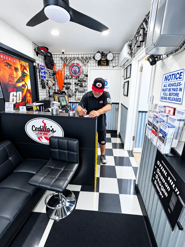 Owner working at the Cedillo's front desk beside the leather lounge seating in Fullerton