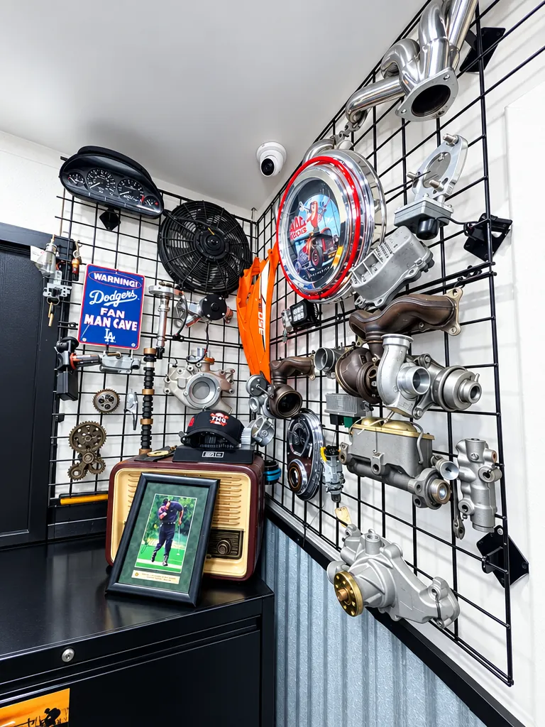 Wall of classic performance parts including turbochargers and chrome components at Cedillo's in Fullerton