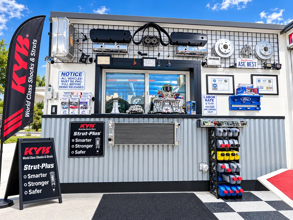 Cedillo's service counter with KYB shocks and struts display and oil rack in Fullerton, CA