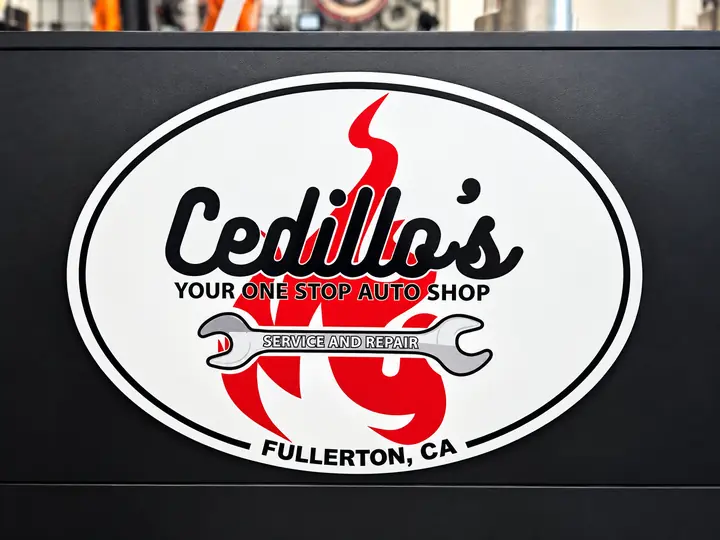 Cedillo's 'Your One Stop Auto Shop – Service and Repair – Fullerton, CA' oval logo sign