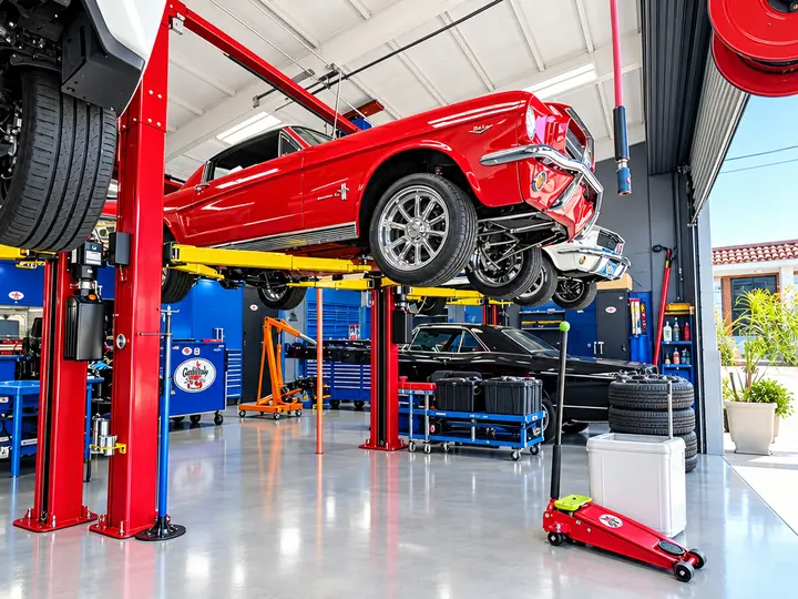 Red first-generation Ford Mustang on a red two-post lift inside the Cedillo's service bay in Fullerton