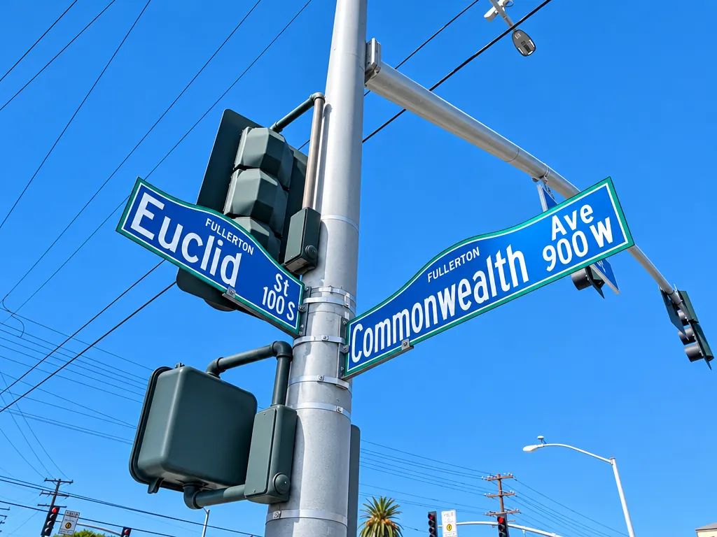 Euclid St and Commonwealth Ave street signs in Fullerton, CA, near Cedillo's auto repair