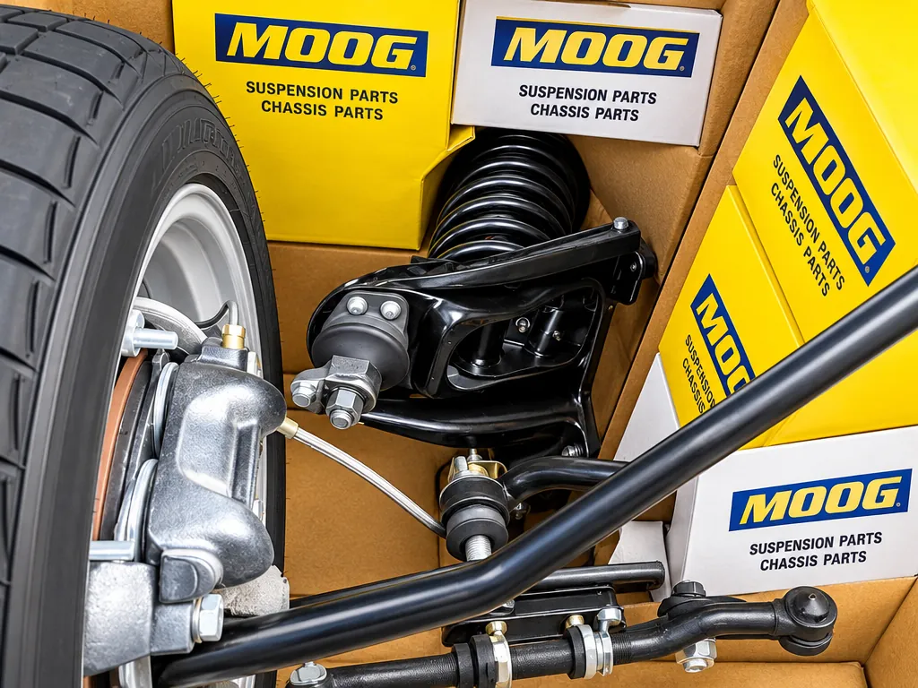 Front suspension with coil spring and brake caliper next to MOOG chassis parts boxes at Cedillo's in Fullerton