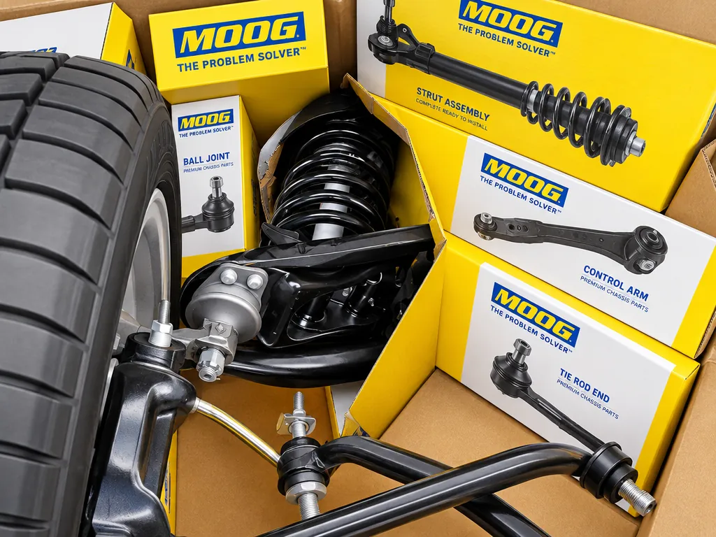 MOOG strut assembly, ball joint, control arm and tie rod end boxes beside a front suspension at Cedillo's in Fullerton