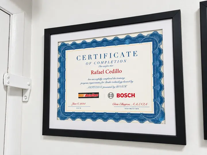 Framed certificate of completion for Rafael Cedillo, brake technology training presented by Bosch