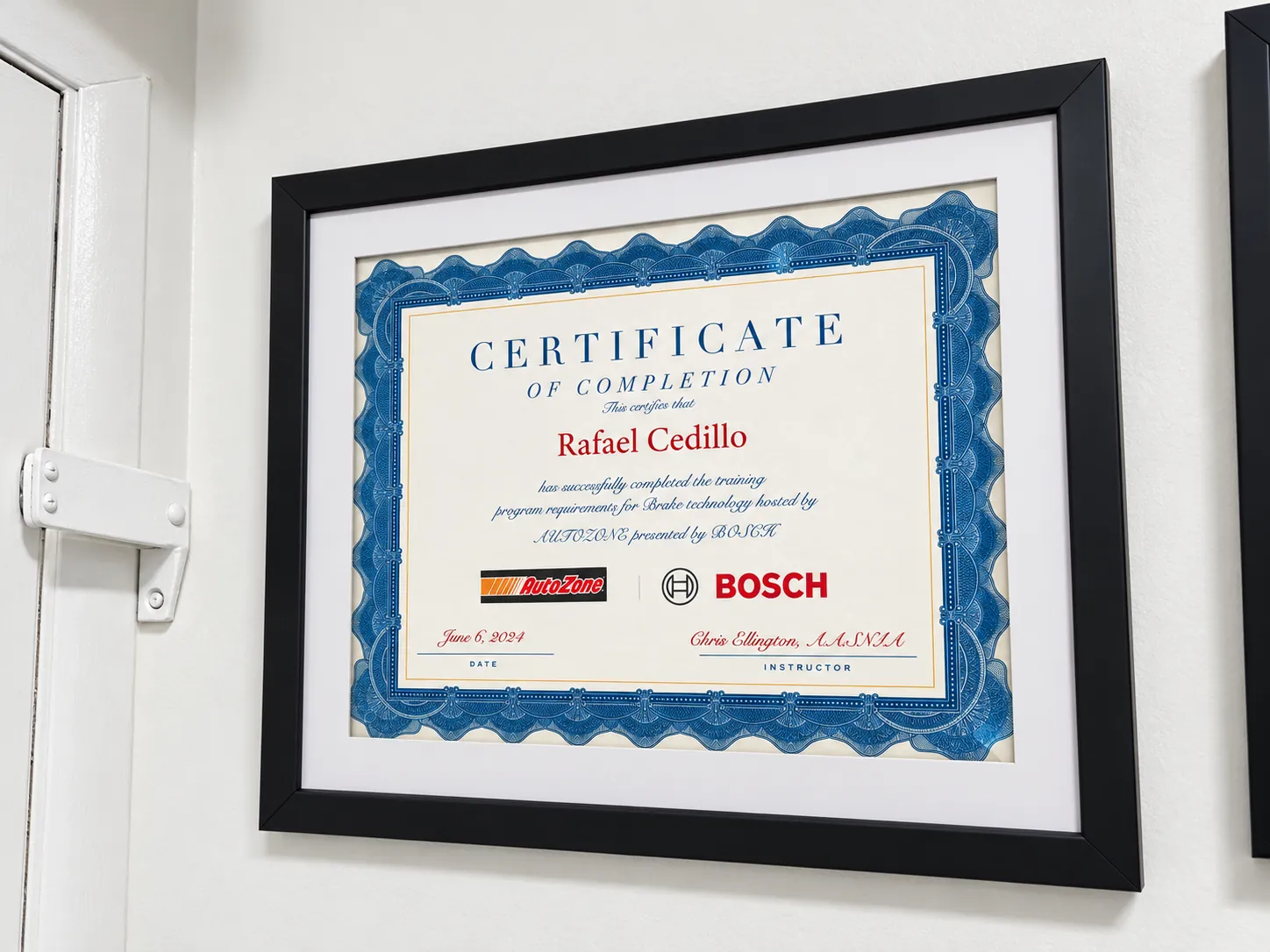 Framed certificate of completion for Rafael Cedillo, brake technology training presented by Bosch
