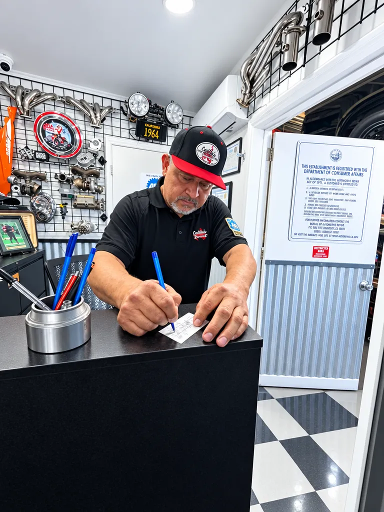 Rafael Cedillo checking in a customer's vehicle at the Cedillo's front desk in Fullerton