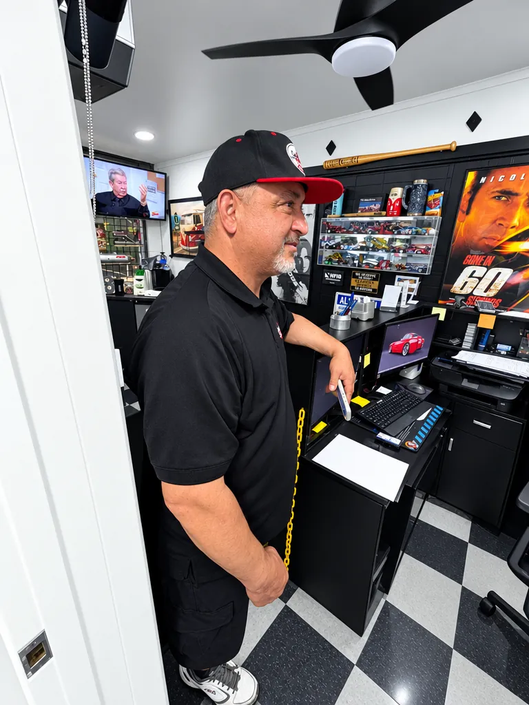 Rafael Cedillo smiling behind the front counter at Cedillo's auto shop in Fullerton