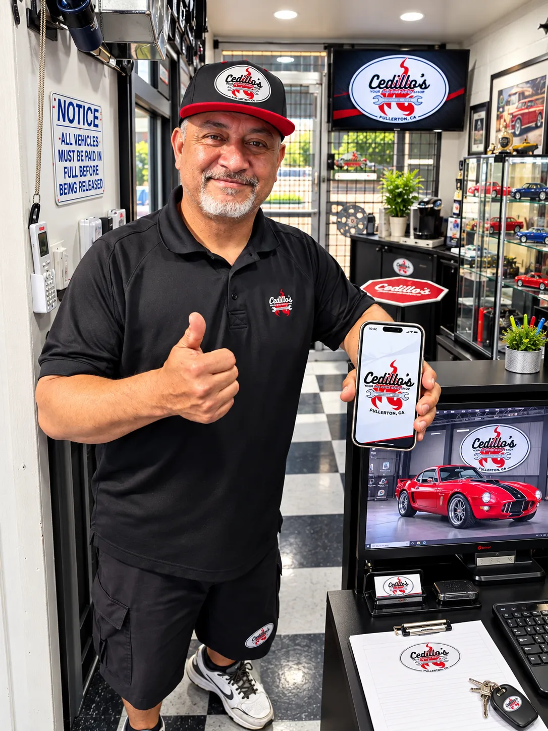 Rafael Cedillo giving a thumbs-up in the front office of Cedillo's auto repair in Fullerton