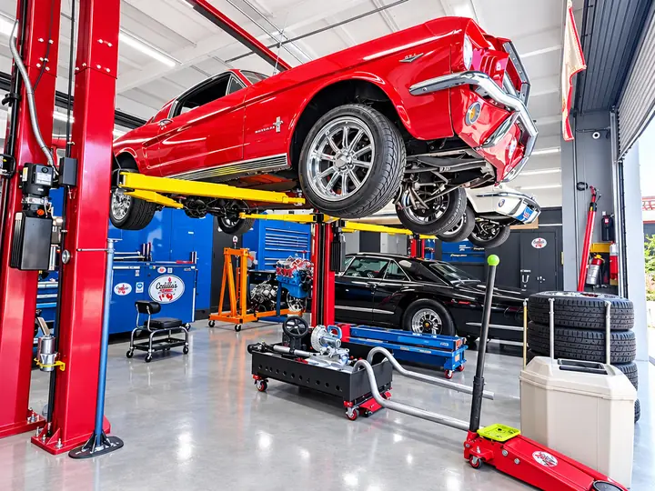 Red classic Ford Mustang raised on a two-post lift for suspension and brake work at Cedillo's in Fullerton