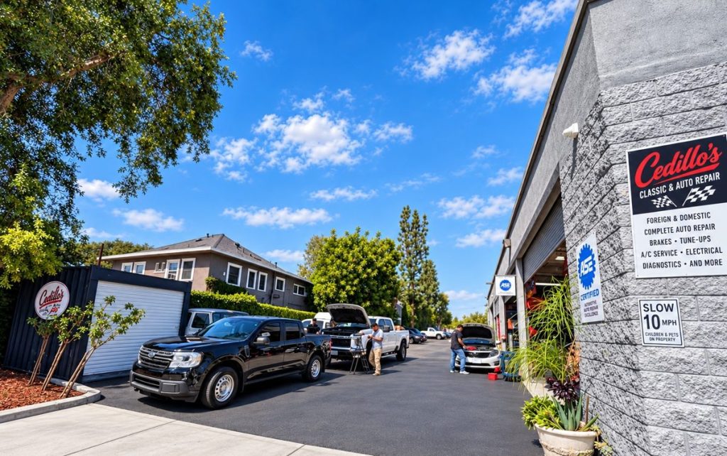 Cedillo's Classic & Auto Repair driveway and shop in Fullerton
