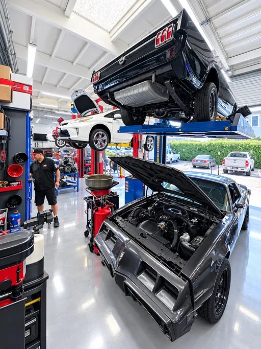 Technician working in the service bay next to a classic Trans Am