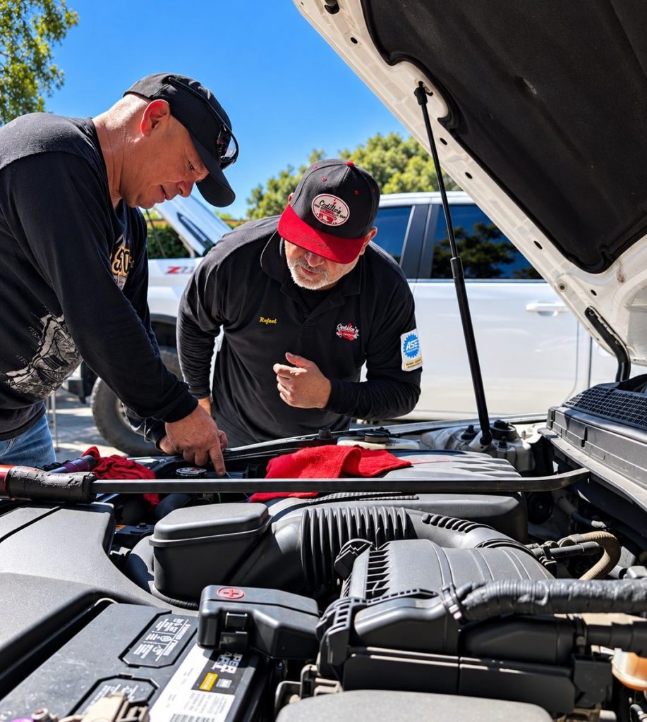 Two technicians inspecting an engine under the hood